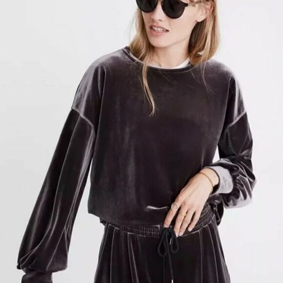 Madewell BROWN GRAY VELOUR VELVET LONG SLEEVE TOP SWEATSHIRT SHIRT S/M - Picture 1 of 8